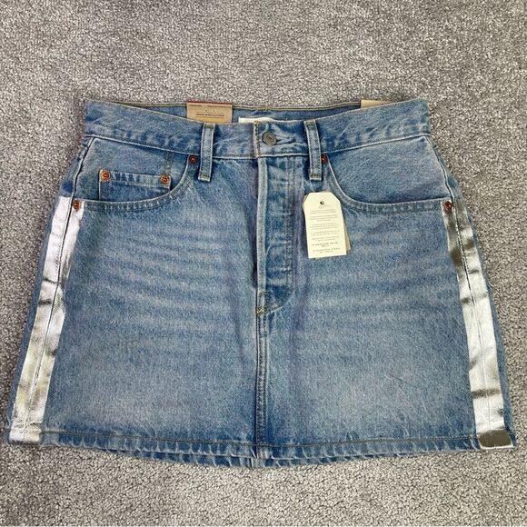 Levi's Icon Mini Skirt Women’s 27 Blue Mid-Rise Denim Button Fly Silver Stripe - Picture 1 of 11